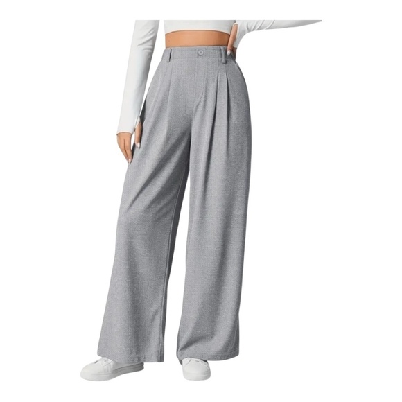 High Waist Pants Wide Leg Pockets Grey - Picture 1 of 5
